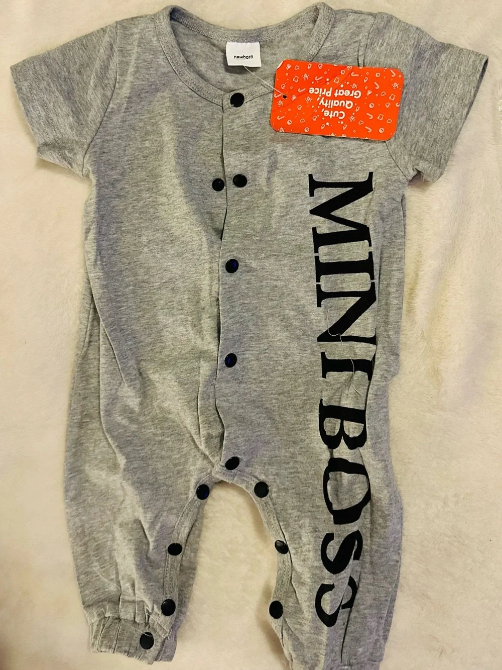 PatPat Gray 'MINI BOSS' Baby One-Piece with Black Hat